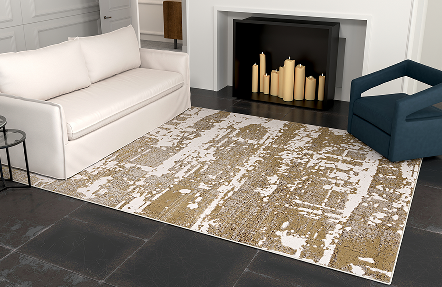 blue monocramtic rug with light colored trunk