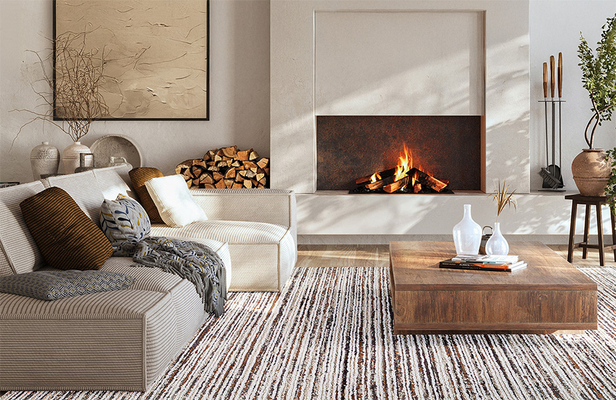 dark grey woven rug with side table