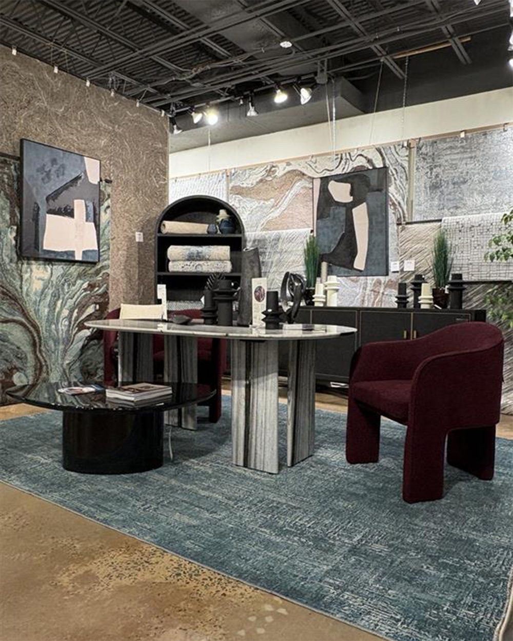 blue swirl rug and hanging rugs